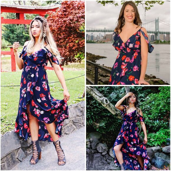 Express Floral Ruffle Cold Shoulder Wrap Maxi Dress - Picture 2 of 10